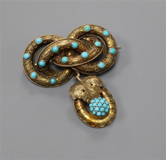 A Victorian yellow metal and turquoise set drop brooch, 49mm.